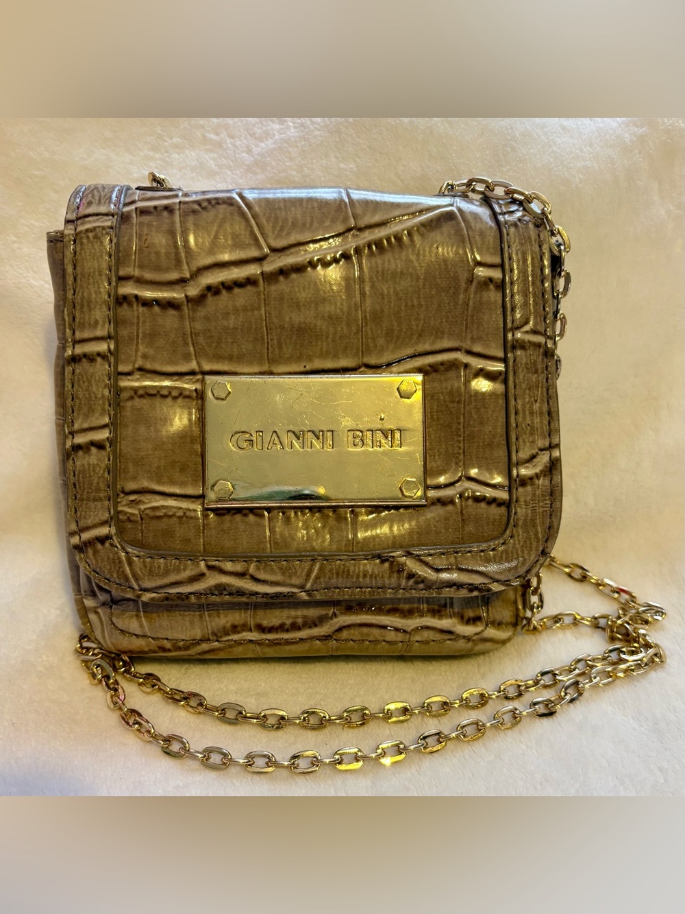 Gianni Bini Metallic Taupe Croc-Embossed Chain Crossbody Bag